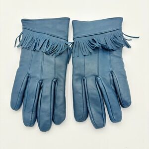 Women's Genuine Leather Fringe Gloves‎ Blue – Size M – Lined